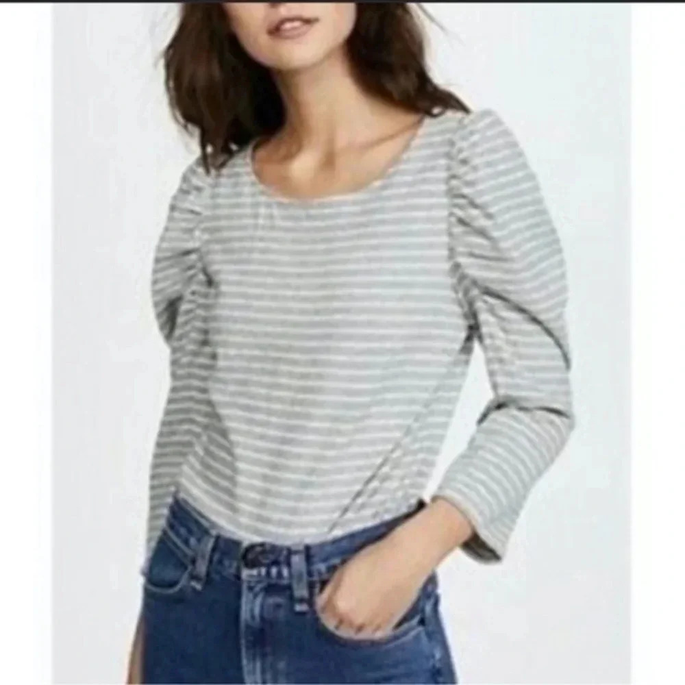 Rebecca Taylor La Vie Grey & White Stripe Cotton Puff Sleeve Blouse Size Large L